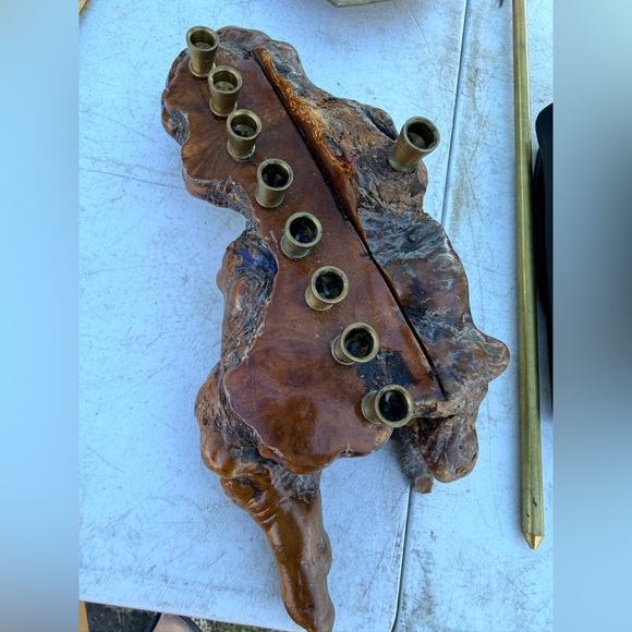 Vintage Burl Wood Menorah with Brass Candle Holders
